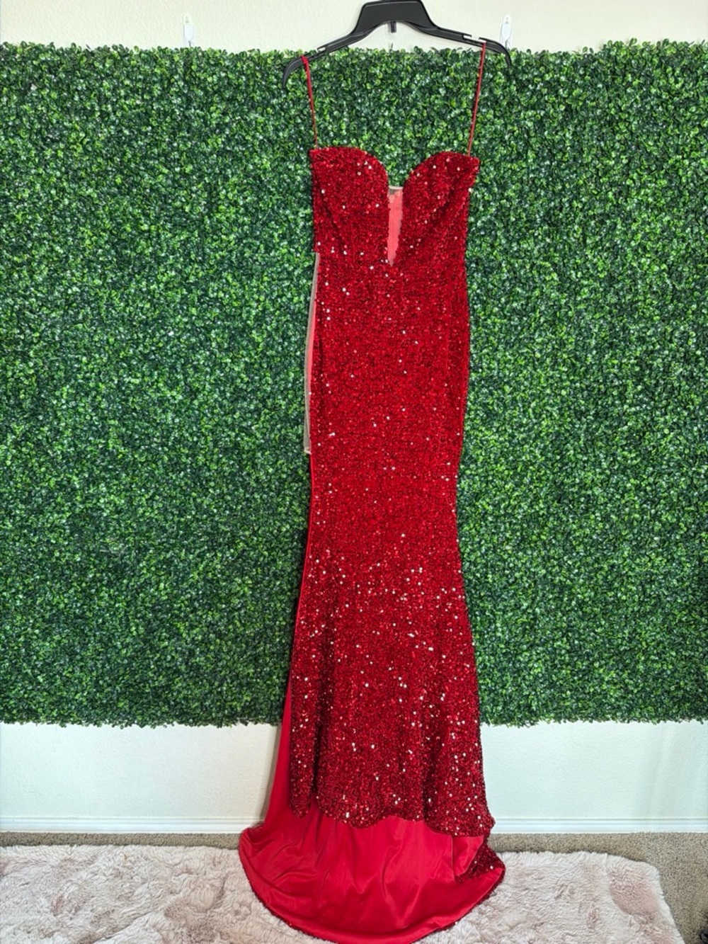 Red Sequined Strapless Evening Gown